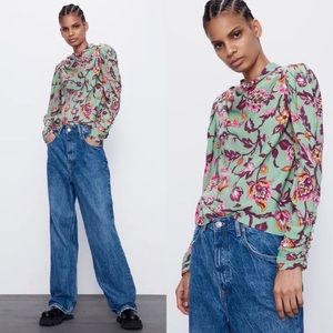 ZARA - DRAPED FLORAL PRINT LONG SLEEVE TOP